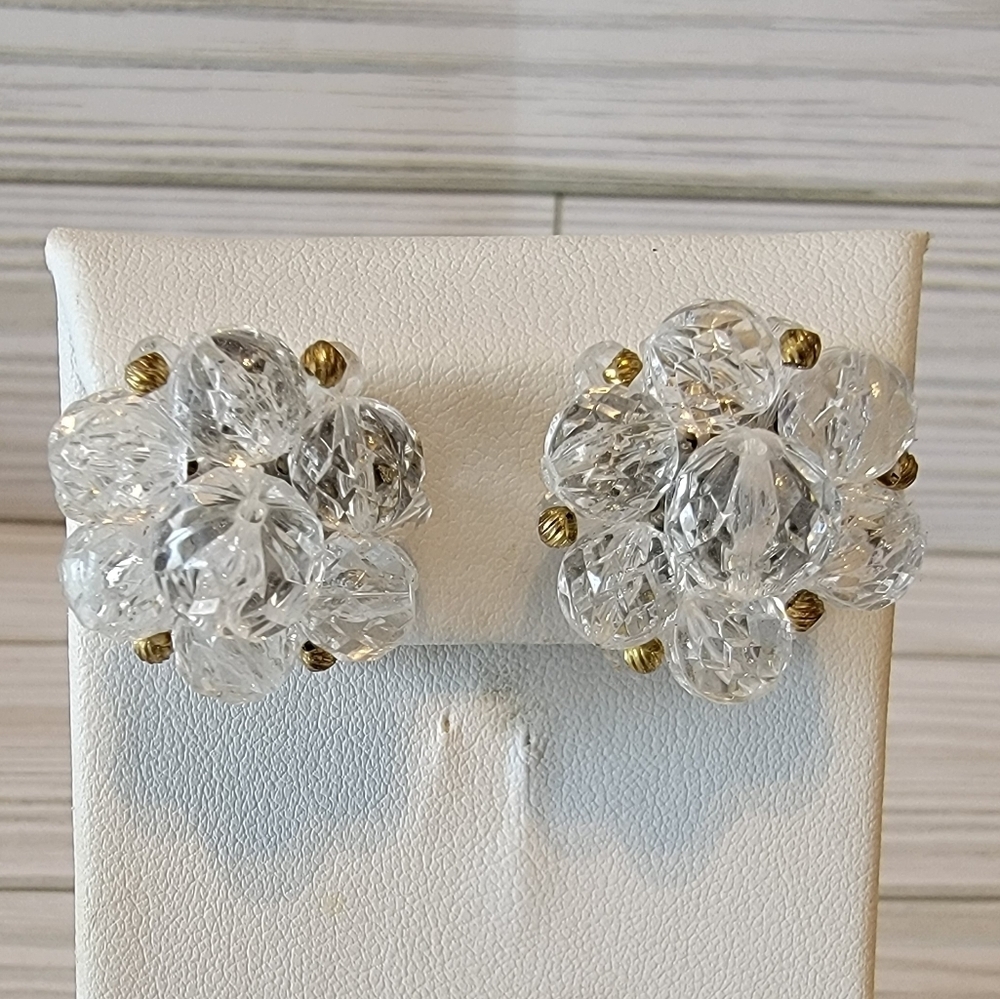 Vintage Germany Clear Faceted Bead Cluster Clip On Earrings